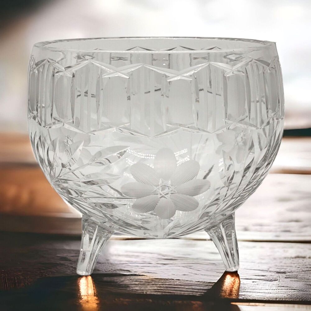 Vintage Glass Rose Bowl 7" Tall Frosted Floral Cut Chip on Foot Collector Piece